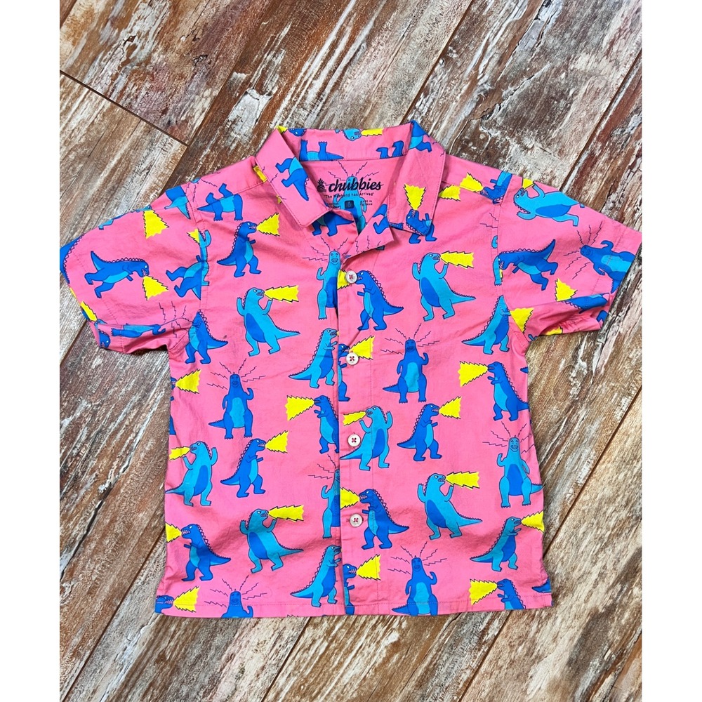 Chubbies Boys Size 6 Pink Dinosaur Button Up Shirt Cotton Stretch Novelty